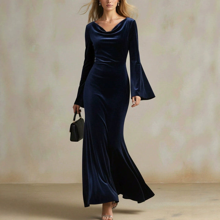 Women's Velvet Evening Dress with Waterfall Neckline, Fitted Silhouette and Flared Trumpet Sleeves Mune Fashion