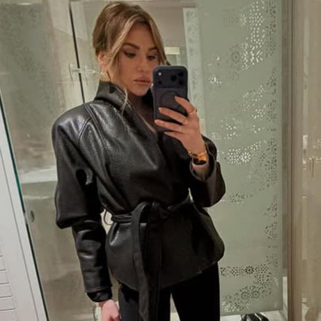 Women's Tailored Leather Jacket with Wrap Belt and Kimono Collar Mune Fashion