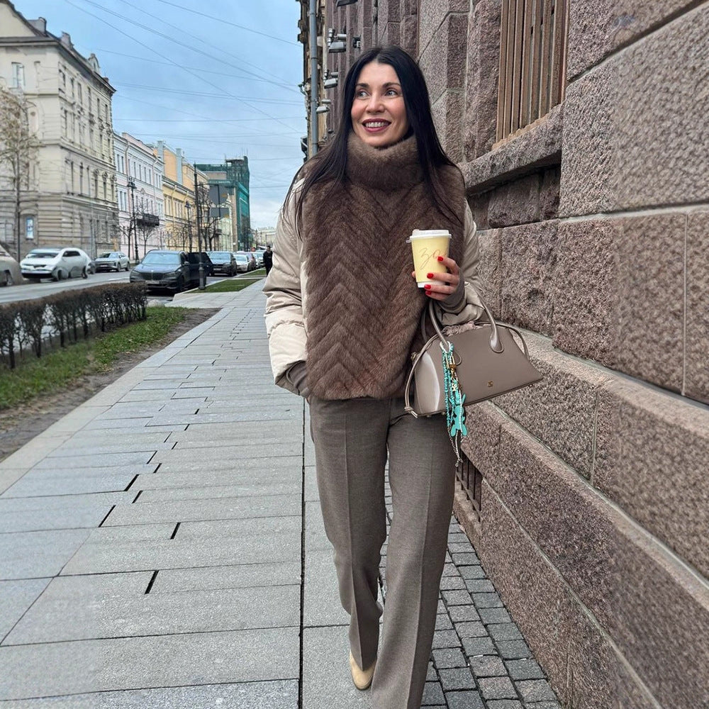 Ladies Fleece Lined Fur Poncho with High Roll Neck & Chevron Texture Mune Fashion