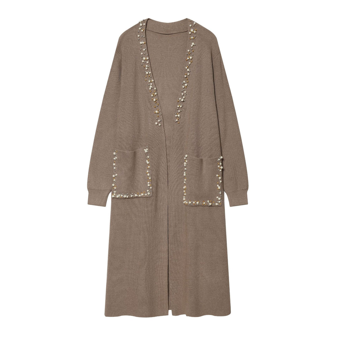 Women's long open cardigan with pearl embellishments and patch pockets Mune Fashion