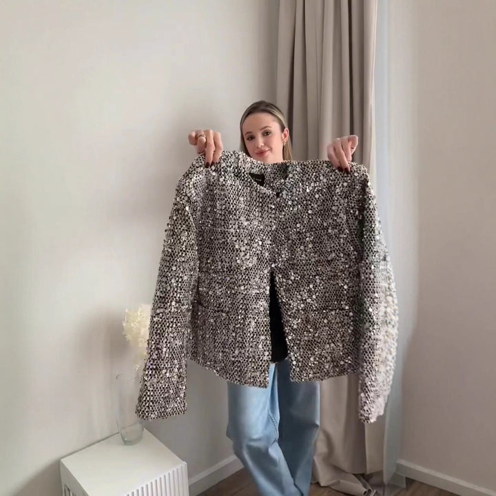 Women’s non-padded boucle short jacket with sequin embellishment, round neckline and open front Mune Fashion