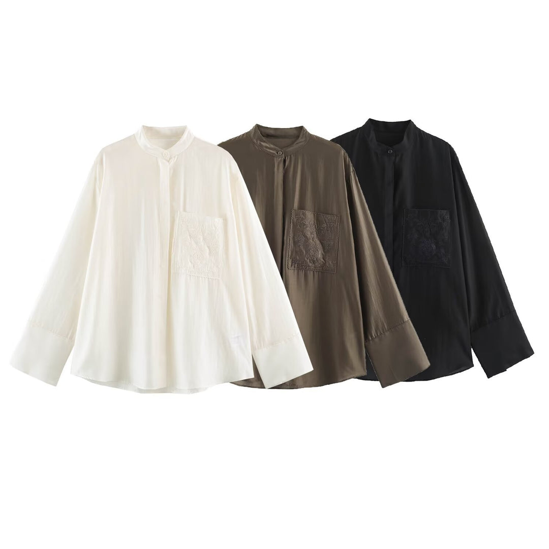 Women Oversized Silk Effect Shirt Blouse with Stand Collar and Embroidered Chest Pocket Mune Fashion