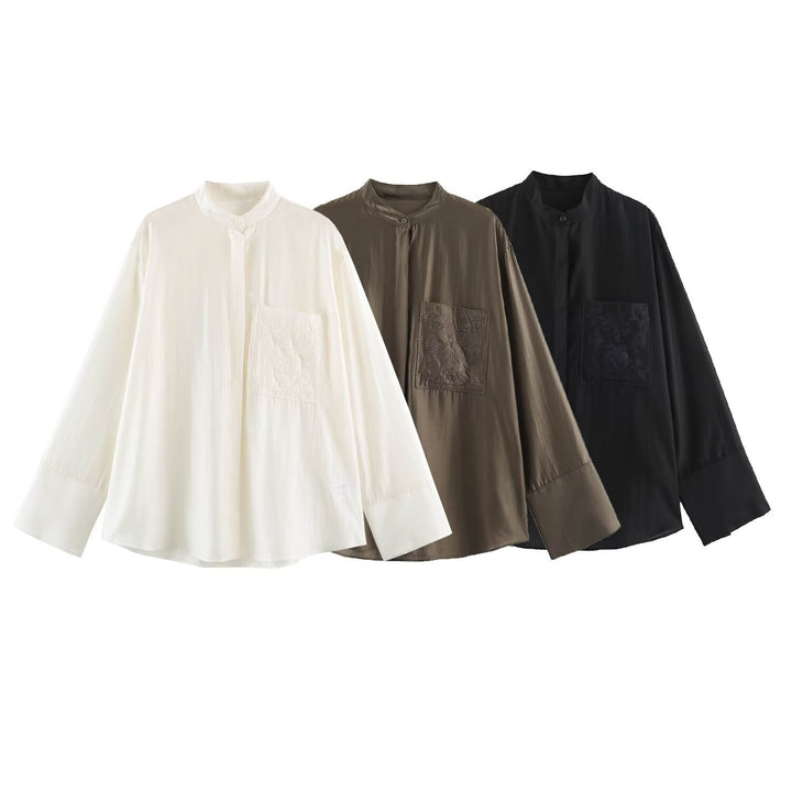 Women Oversized Silk Effect Shirt Blouse with Stand Collar and Embroidered Chest Pocket Mune Fashion