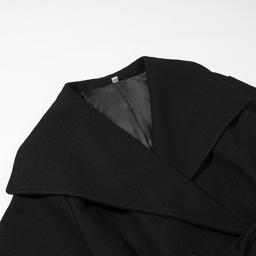 Women's Short Wool Blend Coat with Wide Shawl Collar and Waist Belt Mune Fashion