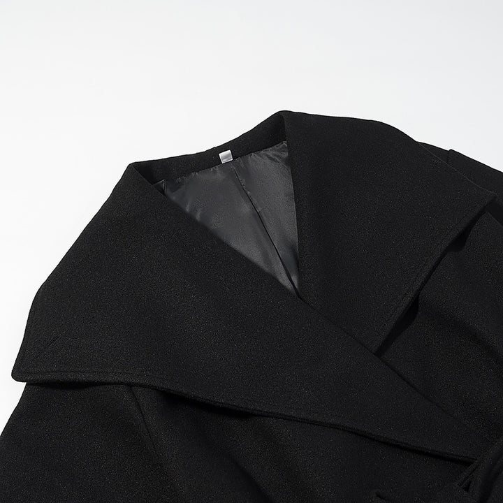 Women's Short Wool Blend Coat with Wide Shawl Collar and Waist Belt Mune Fashion