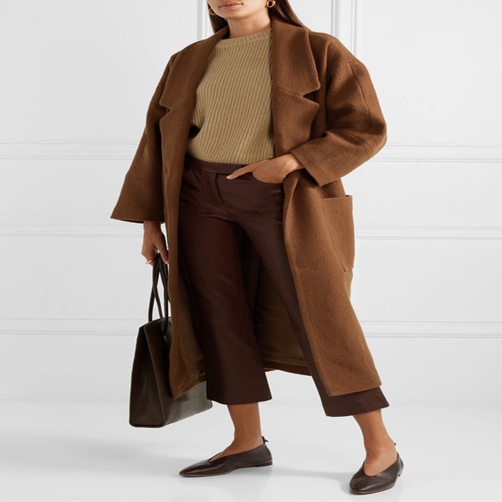 Women's Long Oversized Coat in Relaxed Wool Blend with Large Shawl Collar and Patch Pockets Mune Fashion