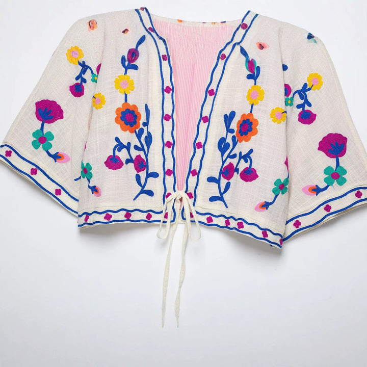 Women Embroidered Kimono Jacket with Drawstring and Floral Embroidery Drune