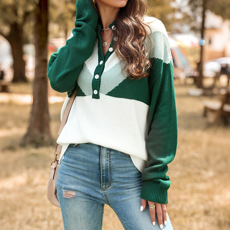Women's chunky knit henley pullover with stand-up collar and chevron intarsia Mune Fashion
