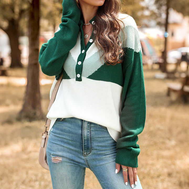 Women's chunky knit henley pullover with stand-up collar and chevron intarsia Mune Fashion