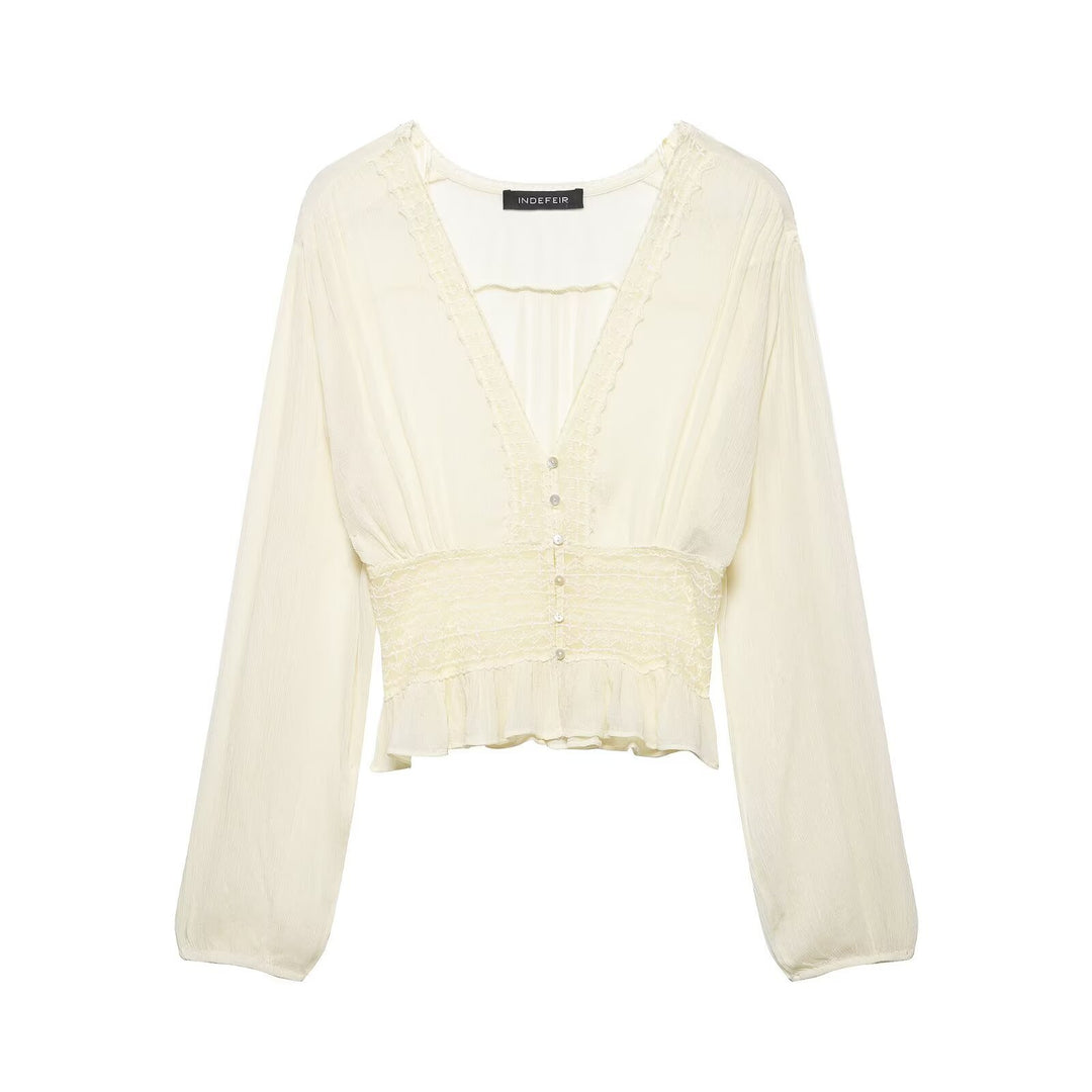 Women Light Blouse with V-Neck, Gathered Waist and Ruffle Hem