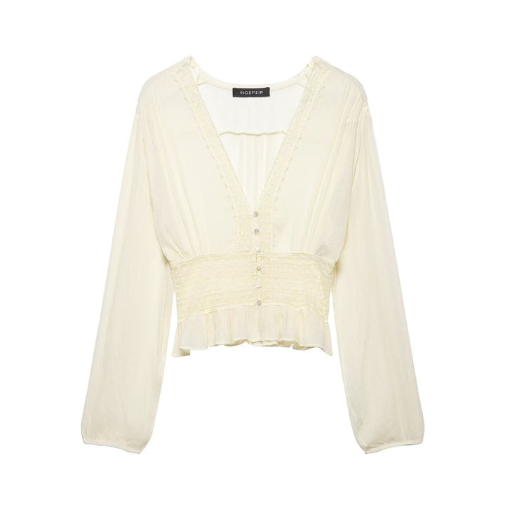 Women Light Blouse with V-Neck, Gathered Waist and Ruffle Hem