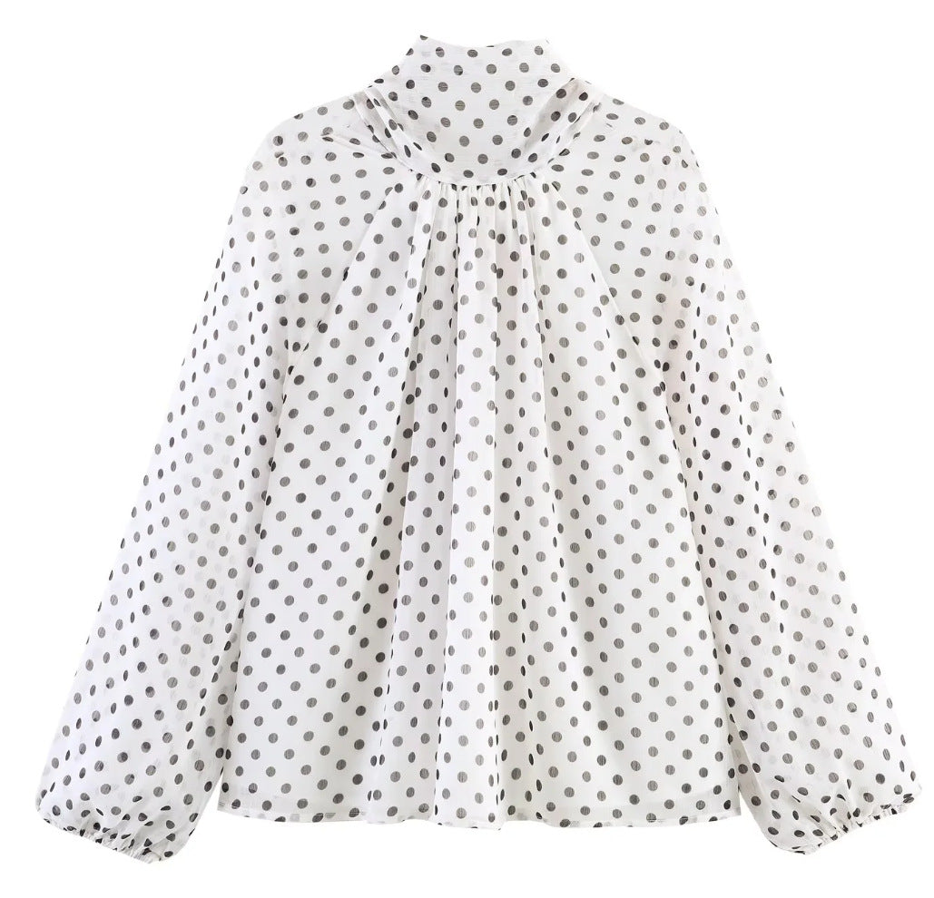 Ladies 100+ Chiffon blouse with bow collar, puff sleeves and polka dot print Mune Fashion