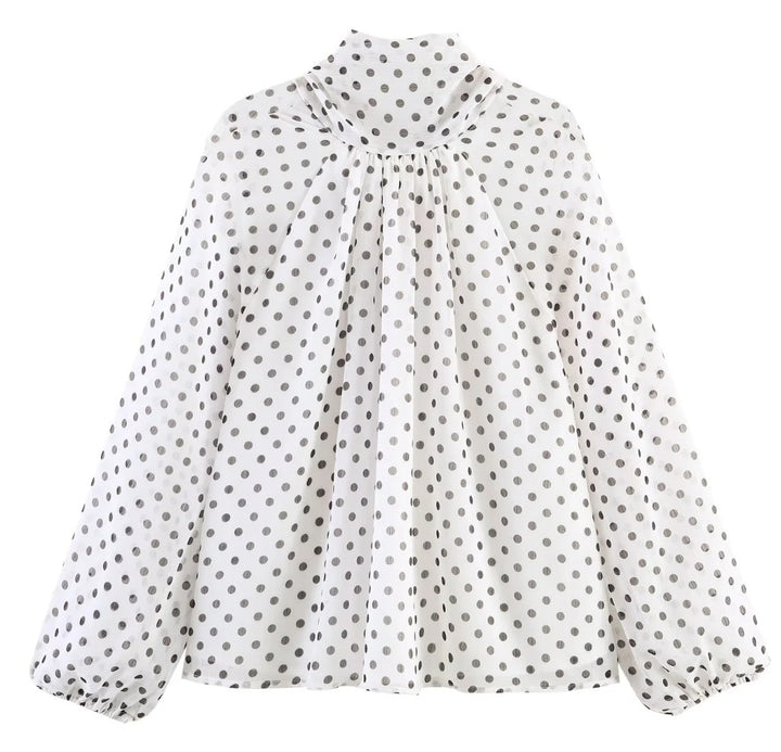 Ladies 100+ Chiffon blouse with bow collar, puff sleeves and polka dot print Mune Fashion