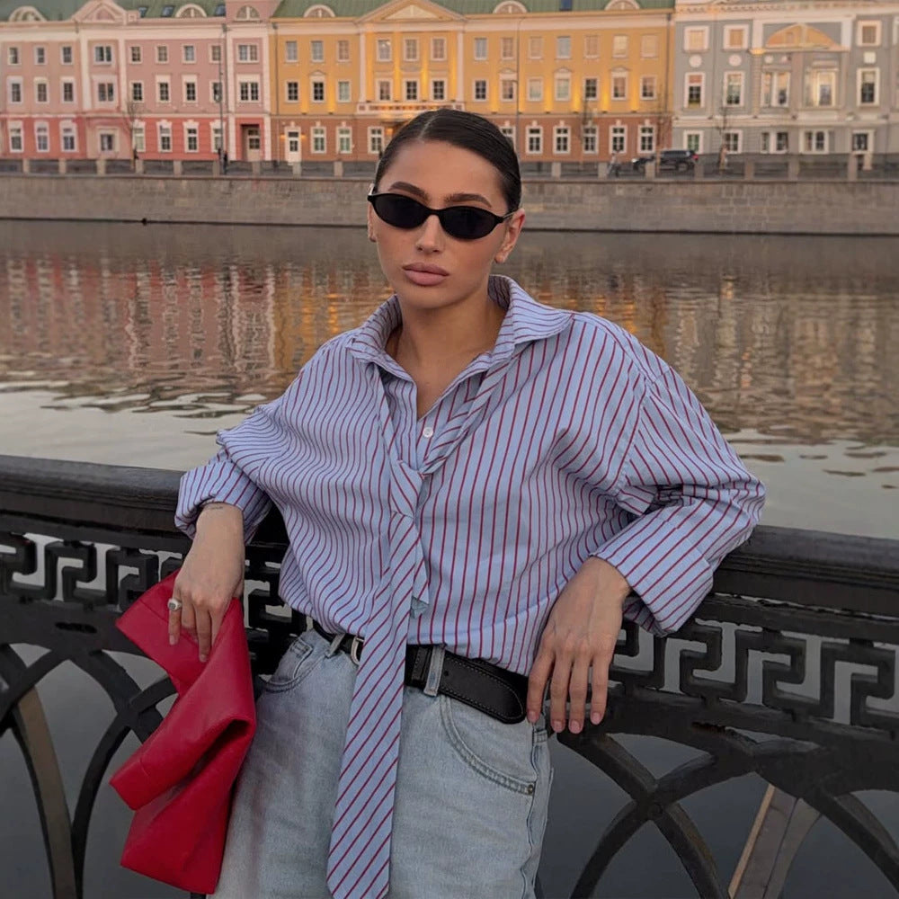 Women's Striped Blouse with Integrated Tie Detail & Oversized Cut Mune Fashion