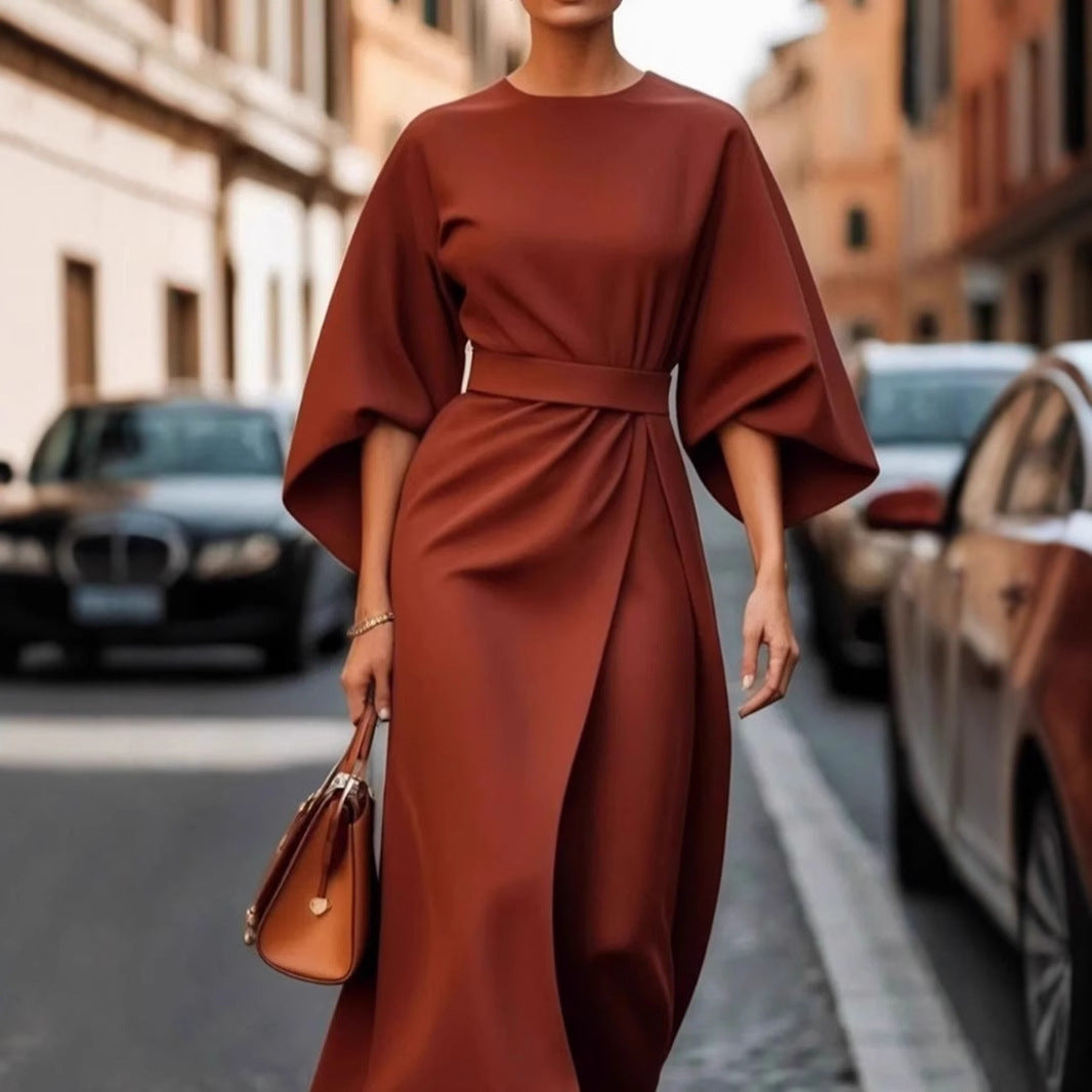 Ladies Elegant Midi Dress with Wide Kimono Sleeves, Tailored Belt and Draped A-Line Mune Fashion