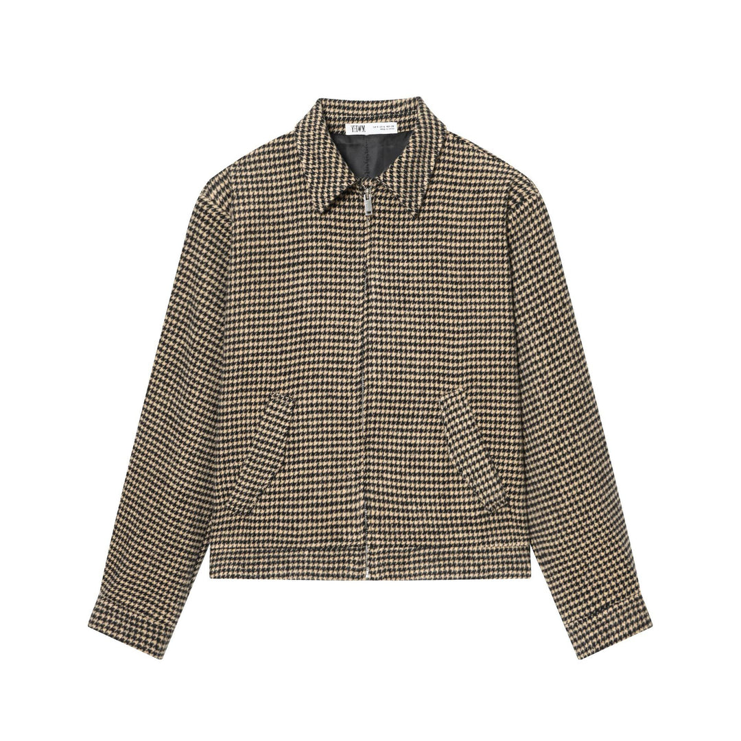 Women Boxy Short Jacket made of Wool Blend with Houndstooth Pattern, Zipper and Shirt Collar Mune Fashion