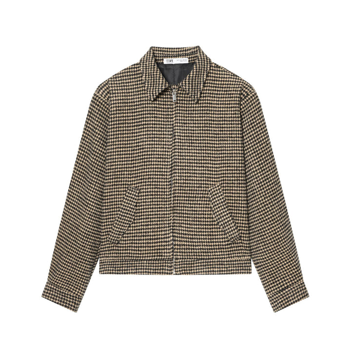 Women Boxy Short Jacket made of Wool Blend with Houndstooth Pattern, Zipper and Shirt Collar Mune Fashion