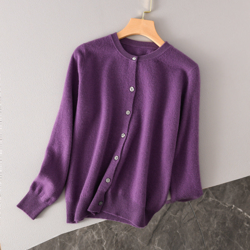 Women Lightweight Round Neck Button Cardigan in Cashmere Look with Fine Ribbed Edge and Casual Silhouette Mune Fashion