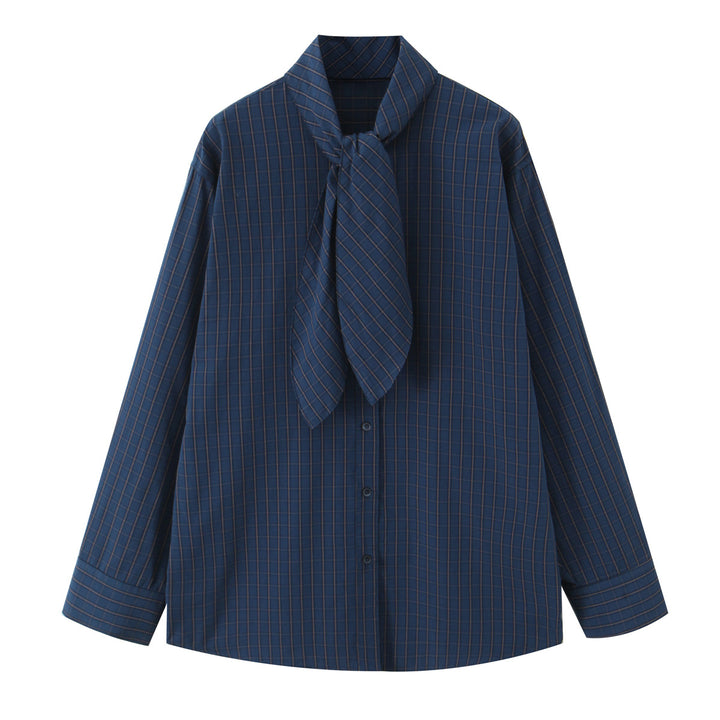 Women 30+ checked shirt blouse with bow collar and oversized fit Mune Fashion