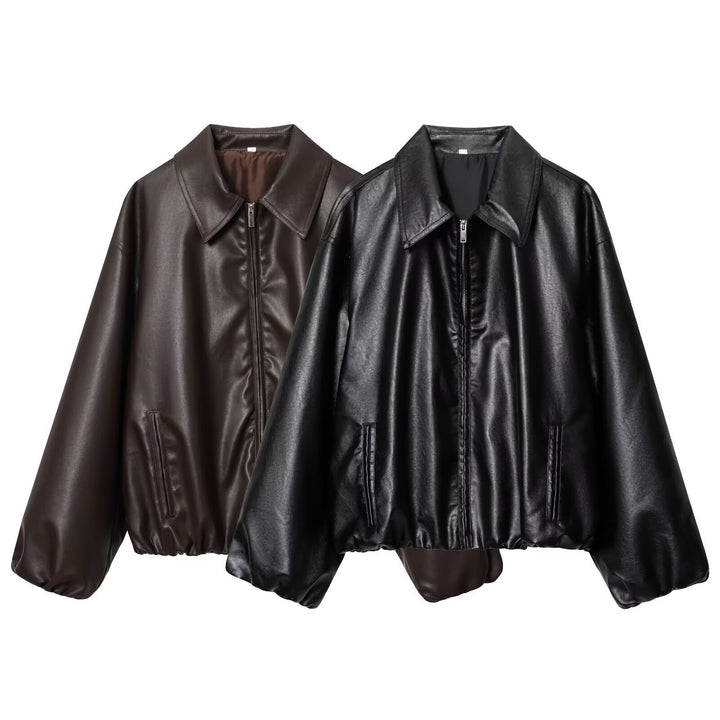 Ladies Boxy Leather Look Bomber Jacket with Concealed Zipper and Elastic Hem Mune Fashion