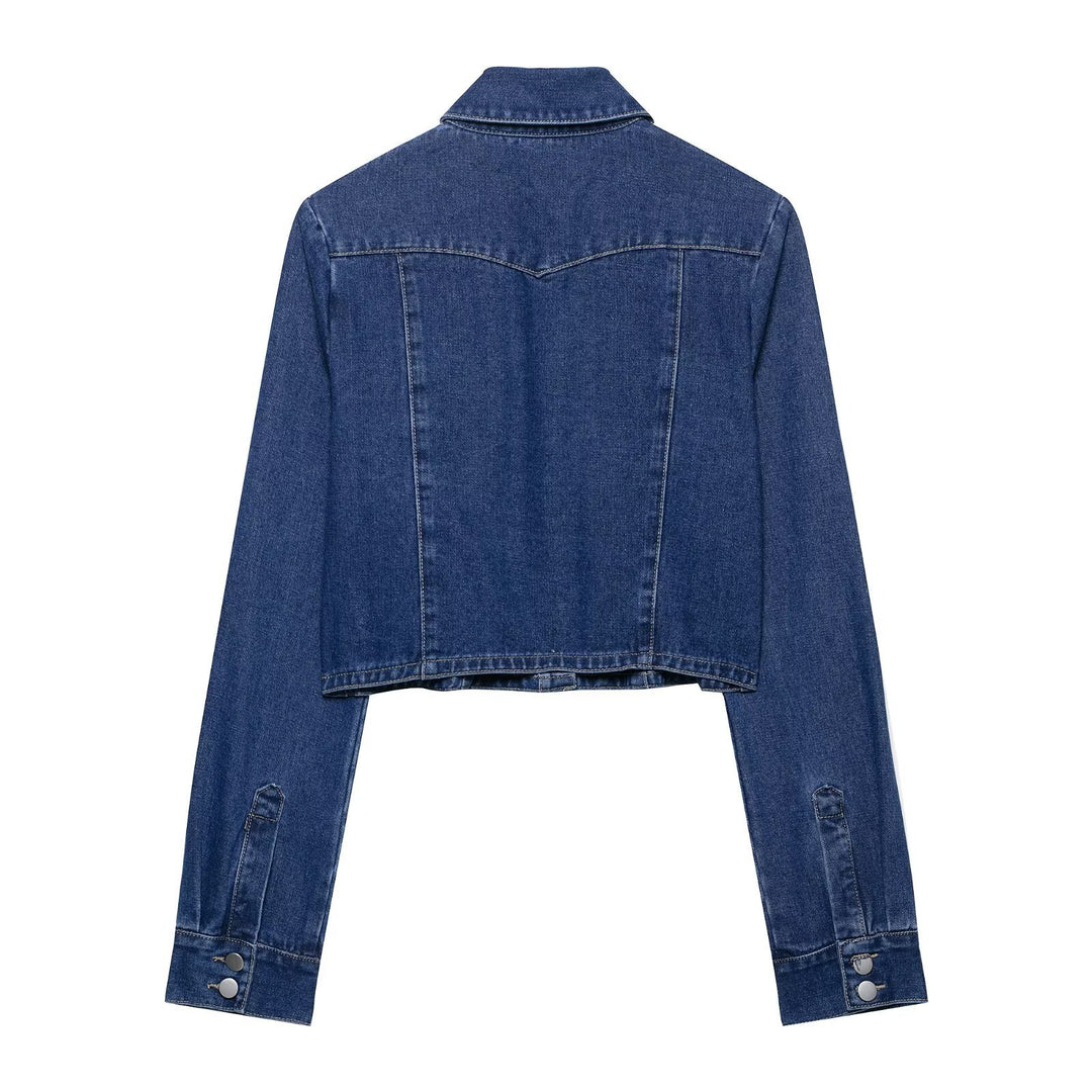 Women Short Cut Denim Jacket with Chest Pockets and Snap Placket Mune Fashion