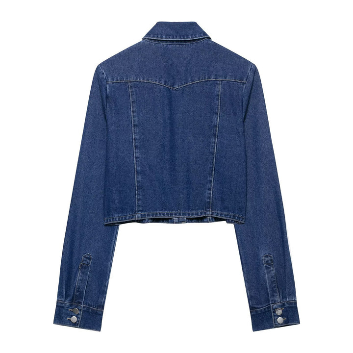 Women Short Cut Denim Jacket with Chest Pockets and Snap Placket Mune Fashion