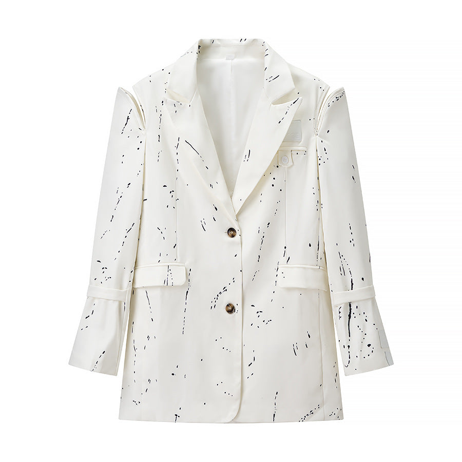 Women's Oversize Blazer with Cut-Out Shoulders and Paint Splatter Look Mune Fashion