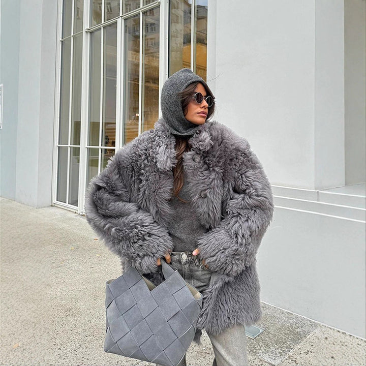 Women's Short Oversize Faux Fur Coat with Voluminous Curly Texture and Button Closure Mune Fashion