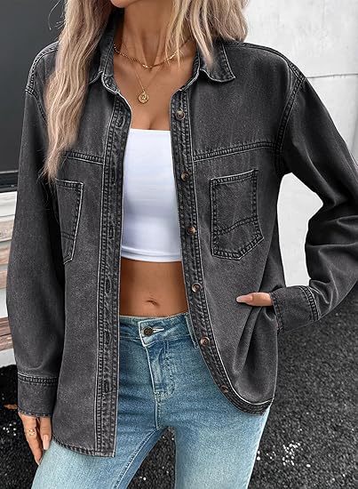 Women's Oversized Denim Shirt Jacket with Chest Pockets Mune Fashion