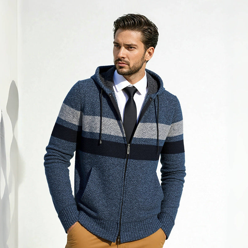 Men's Structured Hooded Cardigan with Contrast Stripes and Full Zip Mune Fashion