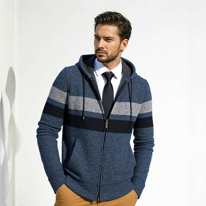 Men's Structured Hooded Cardigan with Contrast Stripes and Full Zip Mune Fashion