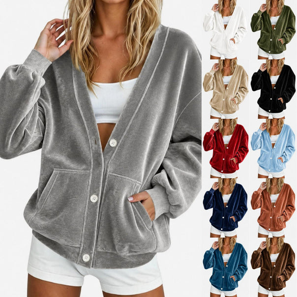Women's Oversize Relax Cardigan made of velour with button placket and side pockets Mune Fashion