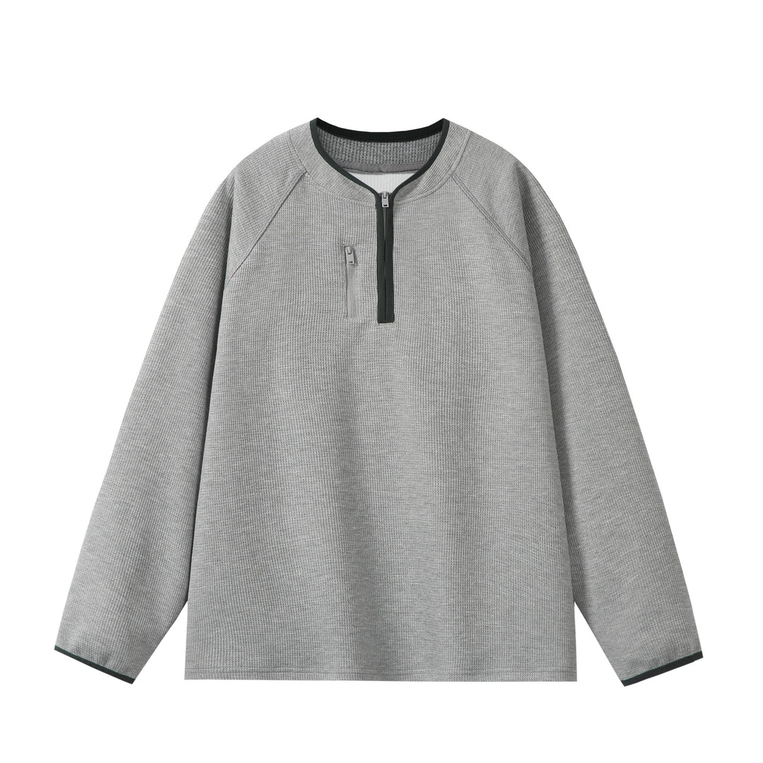 Unisex Relaxed-Fit Waffle Knit Half Zip with Concealed Chest Pocket and Raglan Sleeves Mune Fashion