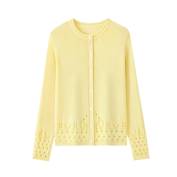 Women Fine Fine Knit Cardigan with Lace Pattern at the Hem and Round Neckline Mune Fashion