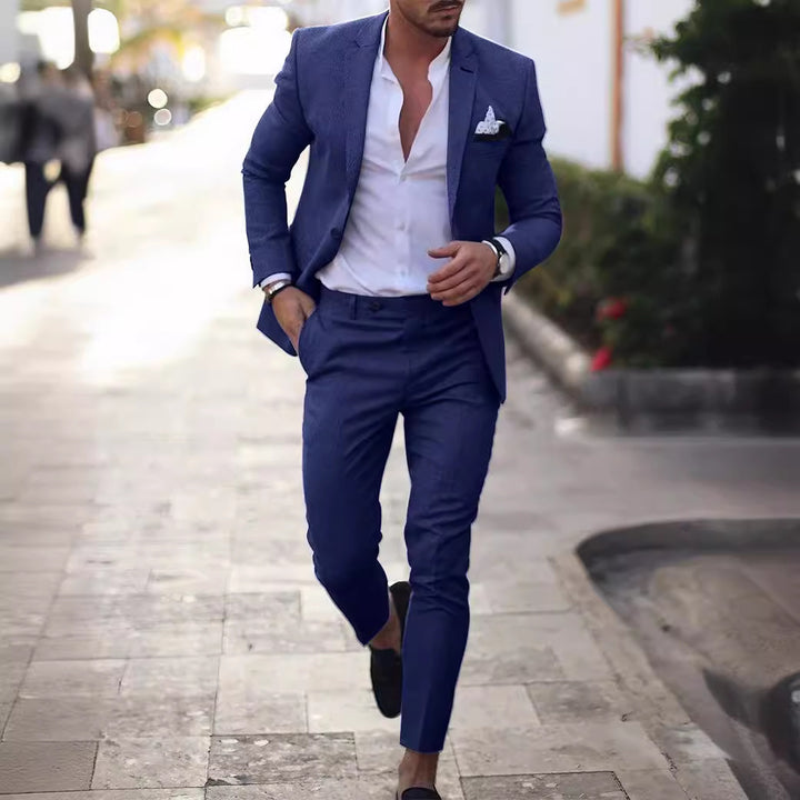 Men's tailored linen suit set with single-breasted blazer and slim chino pants Mune Fashion