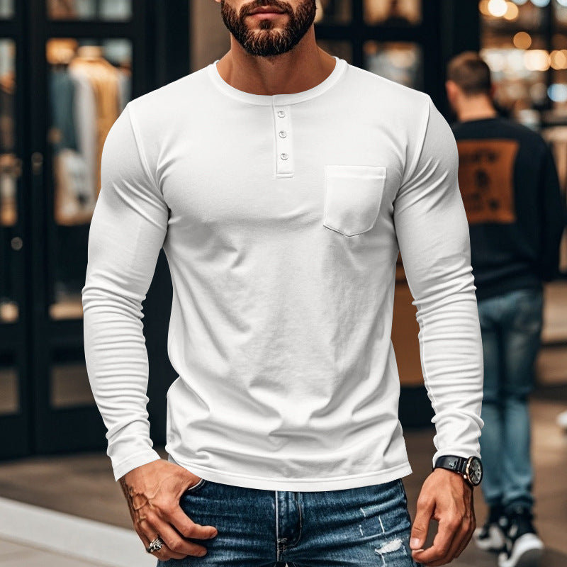 Men's fitted Henley long sleeve shirt with chest pocket and fine stretch jersey Mune Fashion