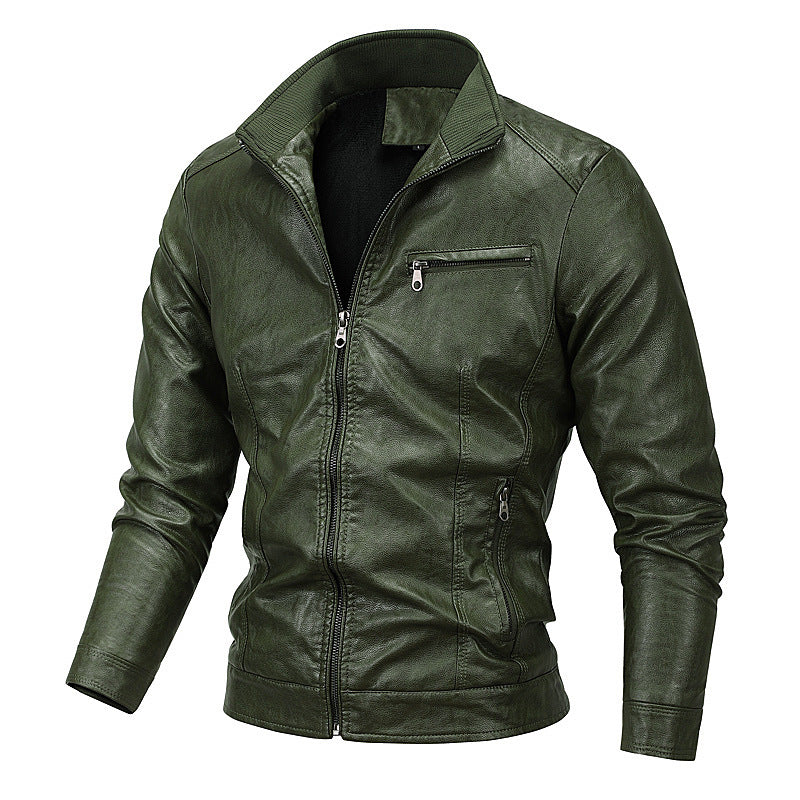 Men's Slim-Fit Faux Leather Blouson with Stand Collar and Zipper Pockets Mune Fashion
