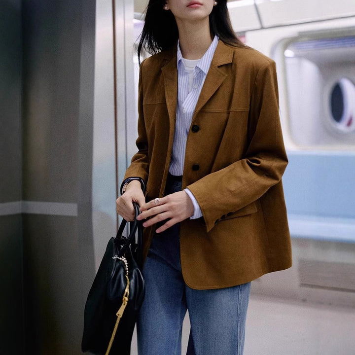 Women Fashionable Wool Blazer with Deep V-Neck Mune Fashion