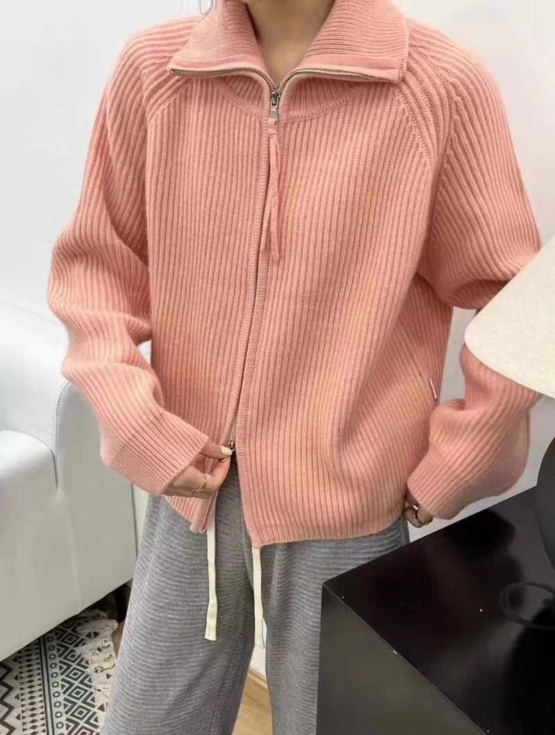 Women's Oversized Cardigan with Zipper, Stand-up Collar and Ribbed Structure Mune Fashion