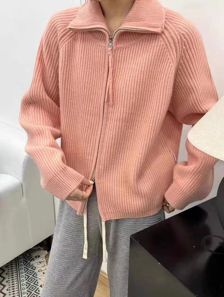 Women's Oversized Cardigan with Zipper, Stand-up Collar and Ribbed Structure Mune Fashion