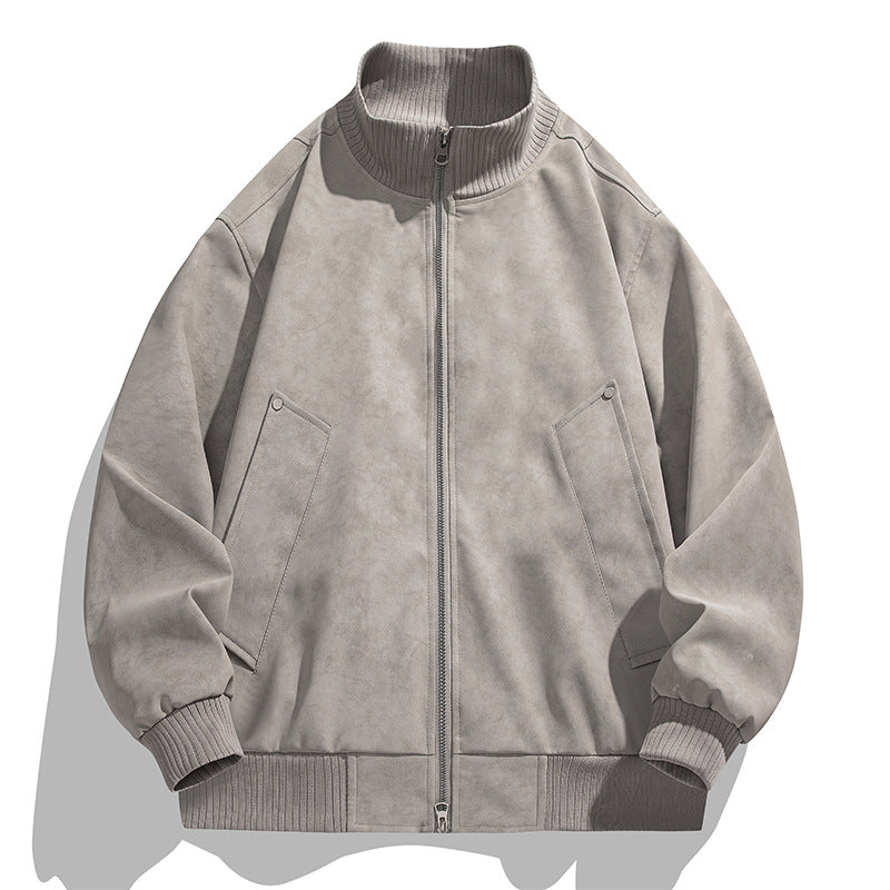 Men's Oversized Suede Look Bomber Jacket with Stand-Up Collar and Ribbed Cuffs Mune Fashion