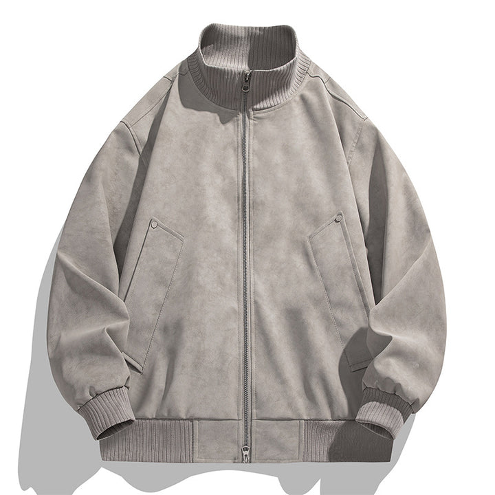 Men's Oversized Suede Look Bomber Jacket with Stand-Up Collar and Ribbed Cuffs Mune Fashion