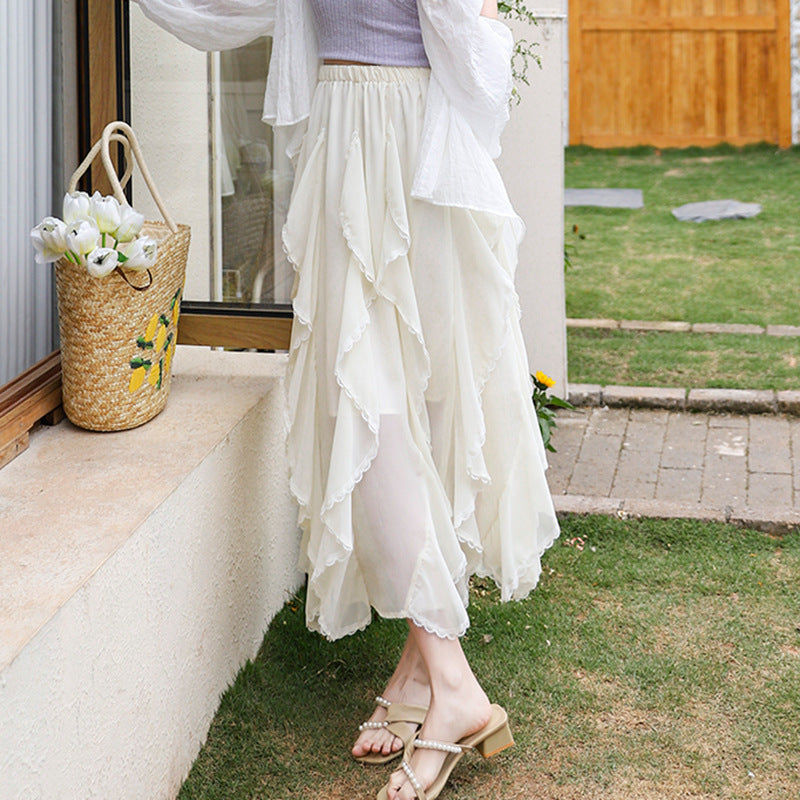 Women's multi-layered flounced tulle skirt with elastic comfort waistband and delicate lace trim Mune Fashion