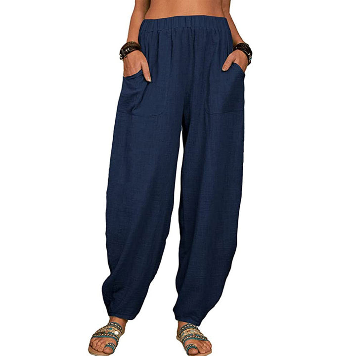 Women's relaxed linen pants with wide leg, elastic waistband and large patch pockets Mune Fashion