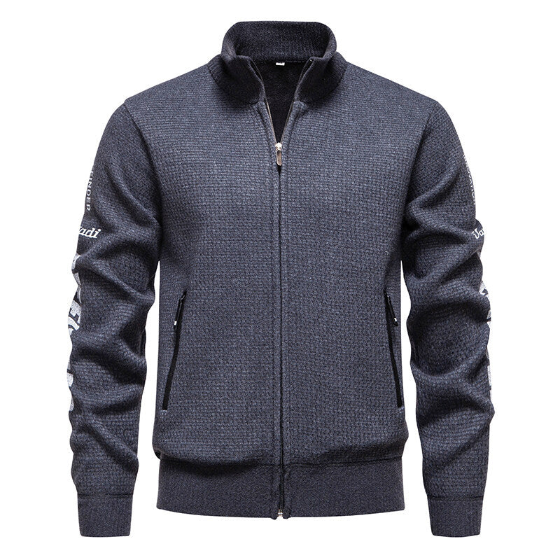 Men's Structured Knit Zip Jacket with Waffle Texture, Stand Collar and Zipper Pockets Mune Fashion