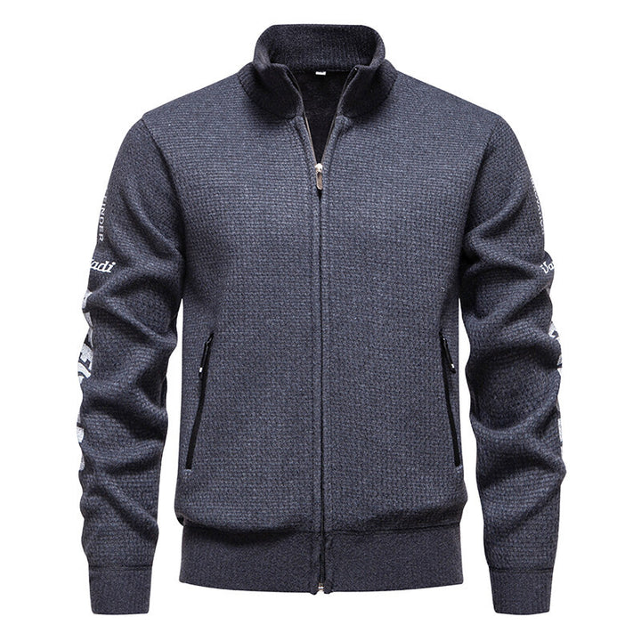 Men's Structured Knit Zip Jacket with Waffle Texture, Stand Collar and Zipper Pockets Mune Fashion