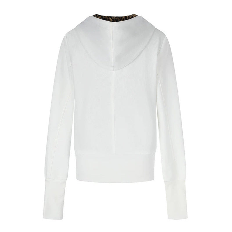 Women's Hooded Sweat Jacket with Full Zip, Gathered Front and Leopard Hood Lining Mune Fashion