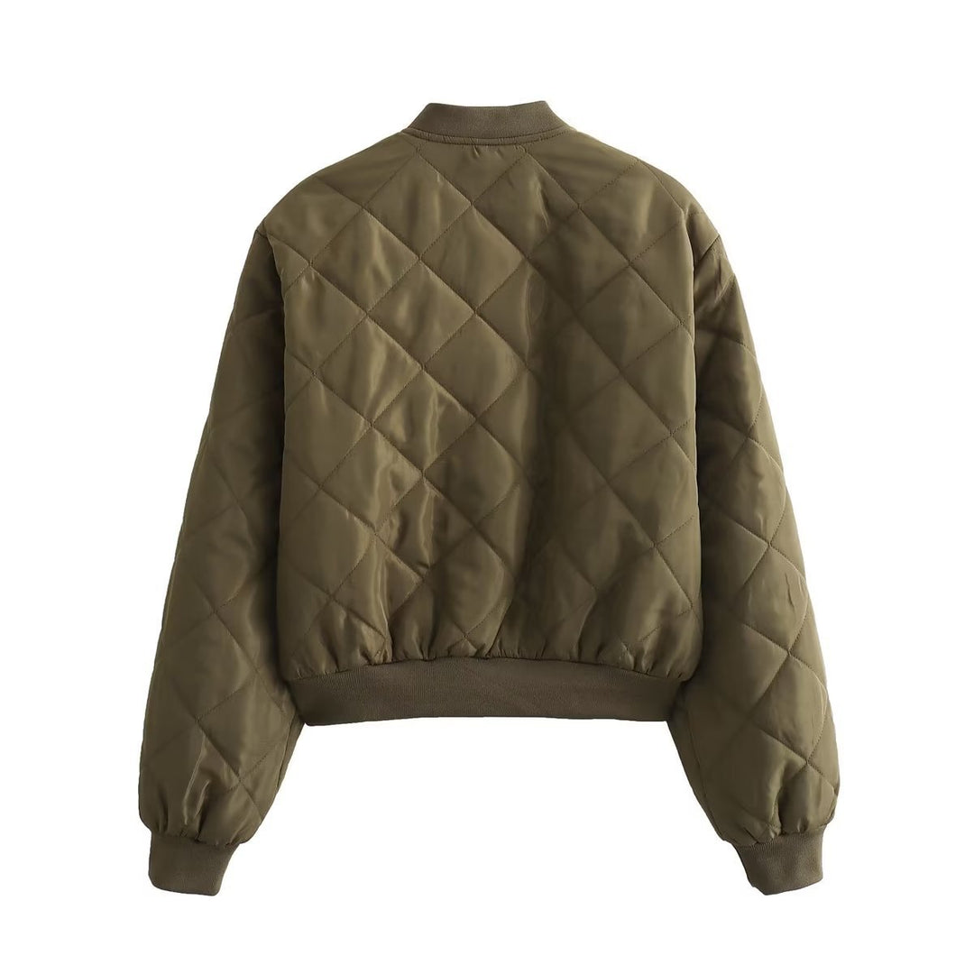 Women's quilted bomber jacket with diamond quilting, ribbed cuffs, and concealed snap button placket Mune Fashion