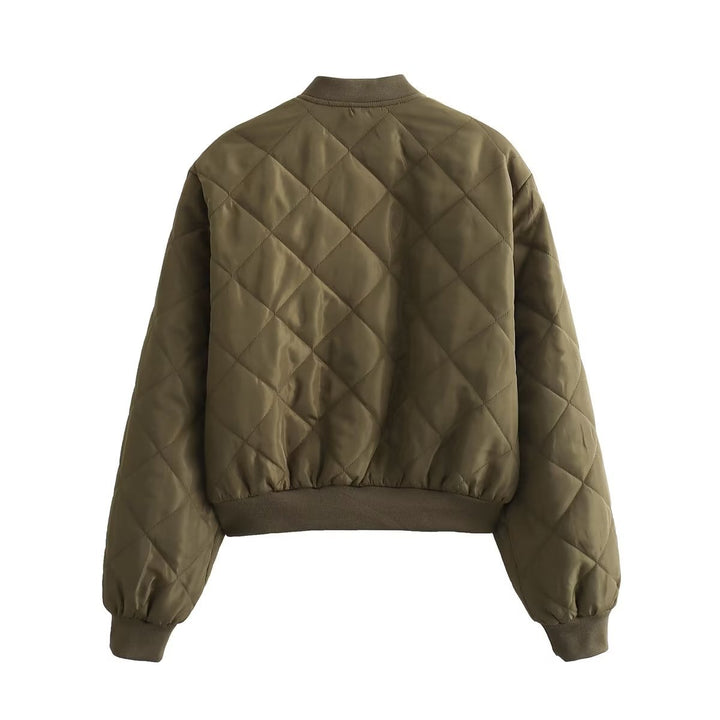 Women's quilted bomber jacket with diamond quilting, ribbed cuffs, and concealed snap button placket Mune Fashion
