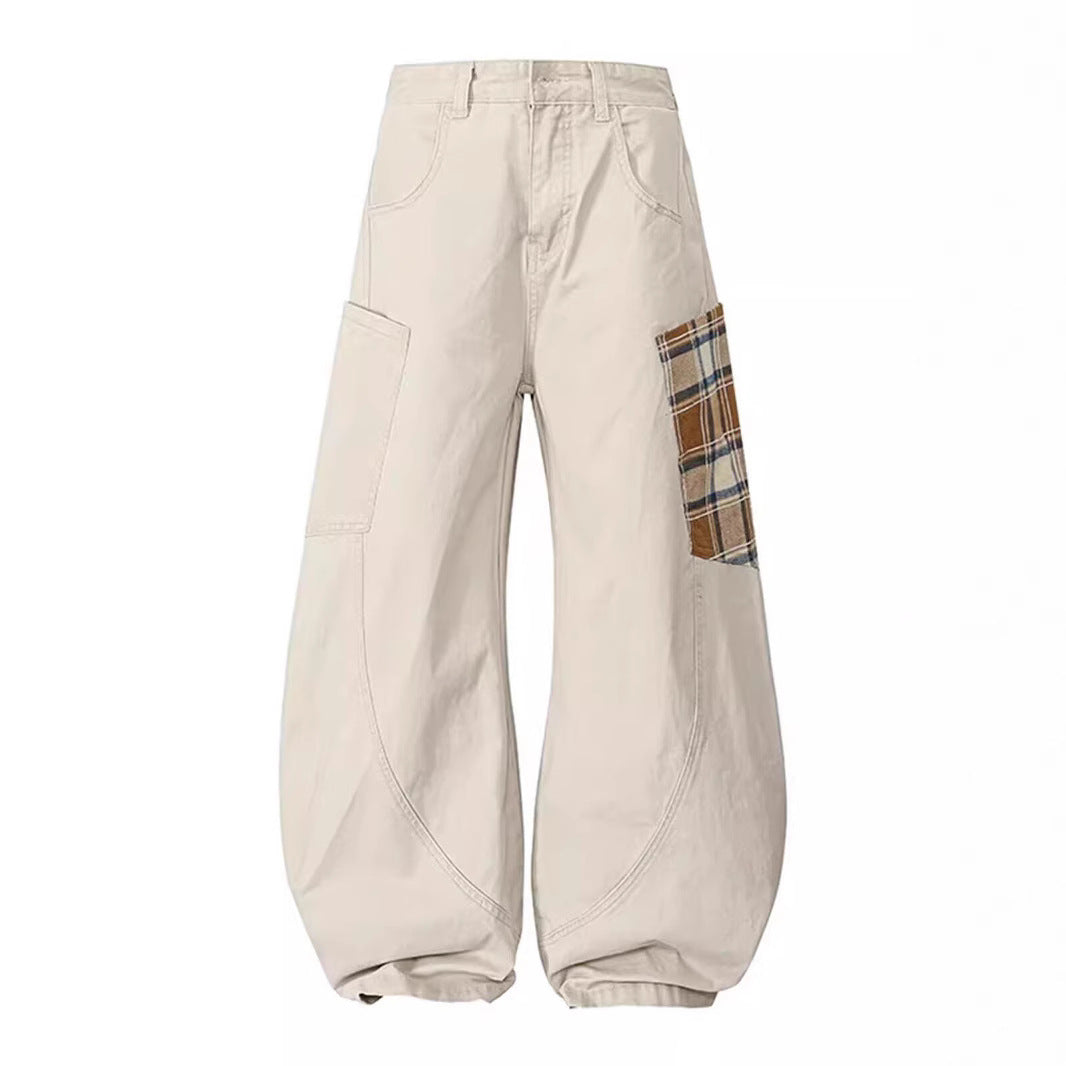 Women Wide-Cut Cargo Pants with Checkered Pattern Mune Fashion
